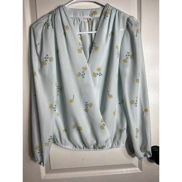 Elodie Tops - Elodie Long Sleeve Blouse Womens XS light blue green floral elastic waist/sleeve